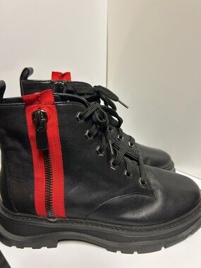 Paolo Black Combat Boots with Red Heel Tab